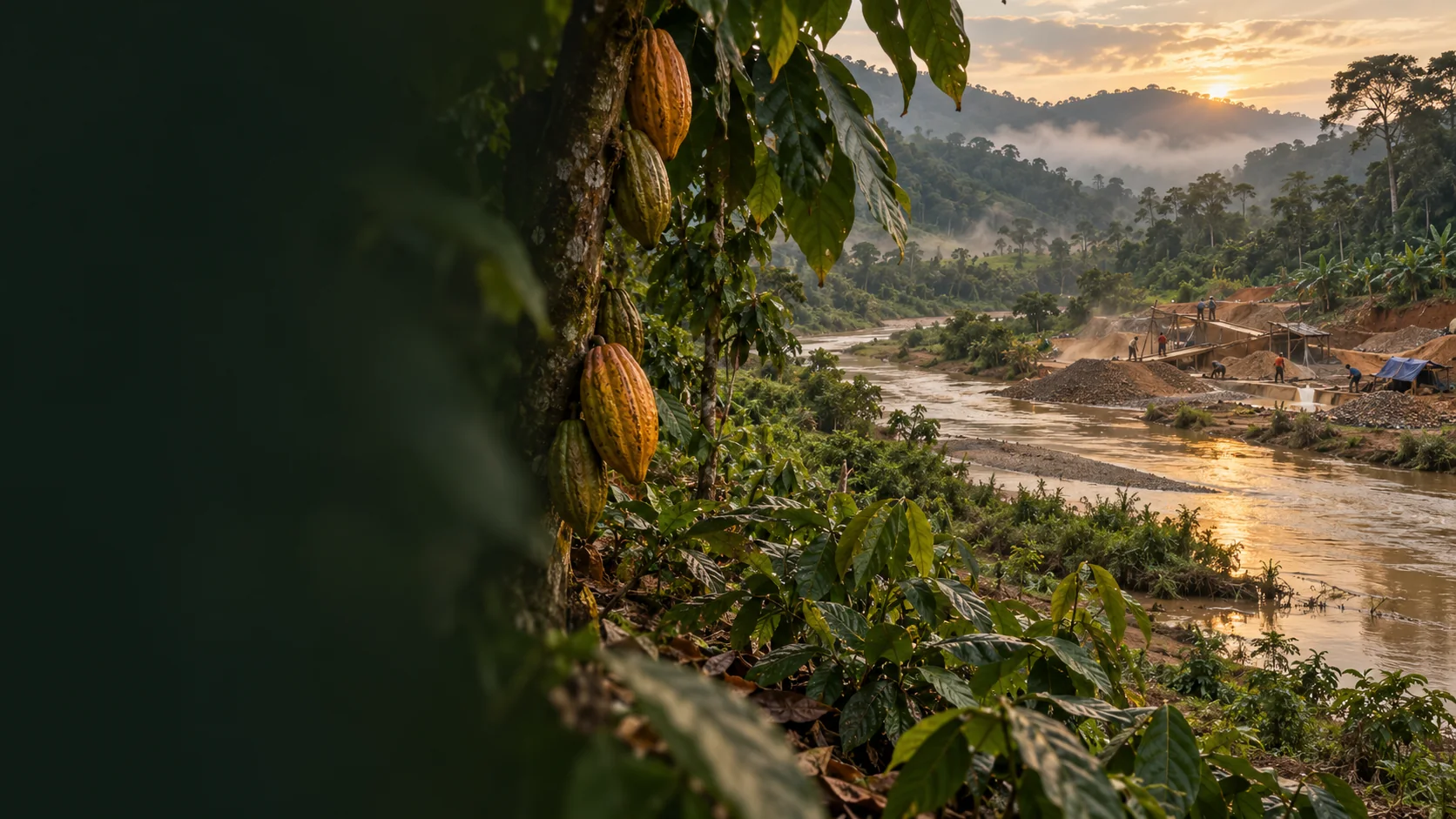 AI-generated editorial landscape connecting cocoa farming, a river and small-scale gold mining in Ghana
