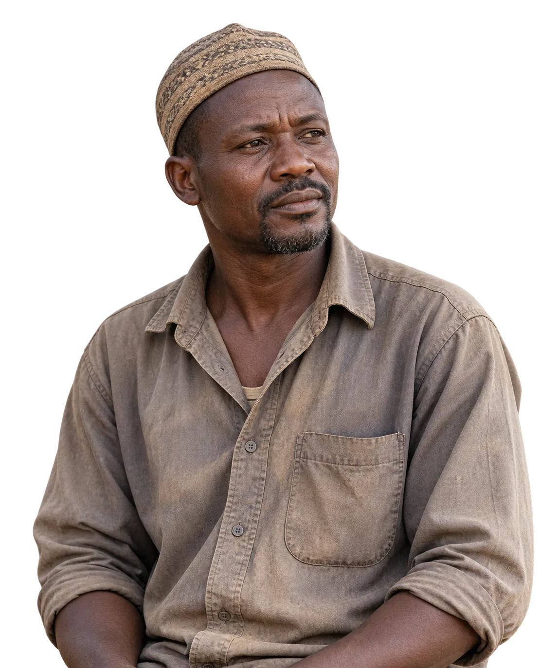 Fictional AI portrait of a migrant cocoa farmer in Ghana