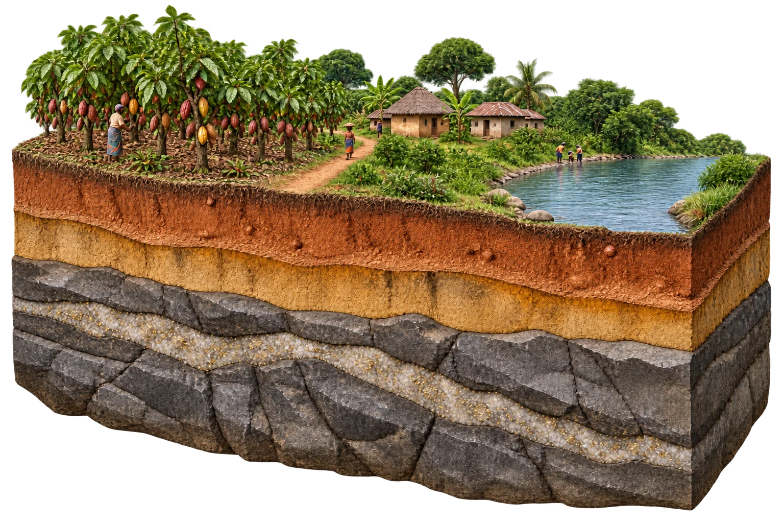 AI-generated landscape cutaway with cocoa farms, homes and a river above rock containing a subtle mineral vein